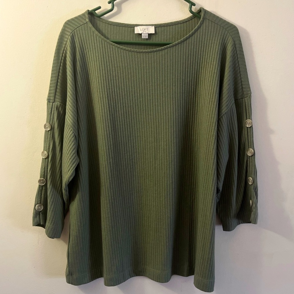 Loft Army Green Ribbed 3/4 Sleeve Top with Unique Button Sleeves and Round Neck.